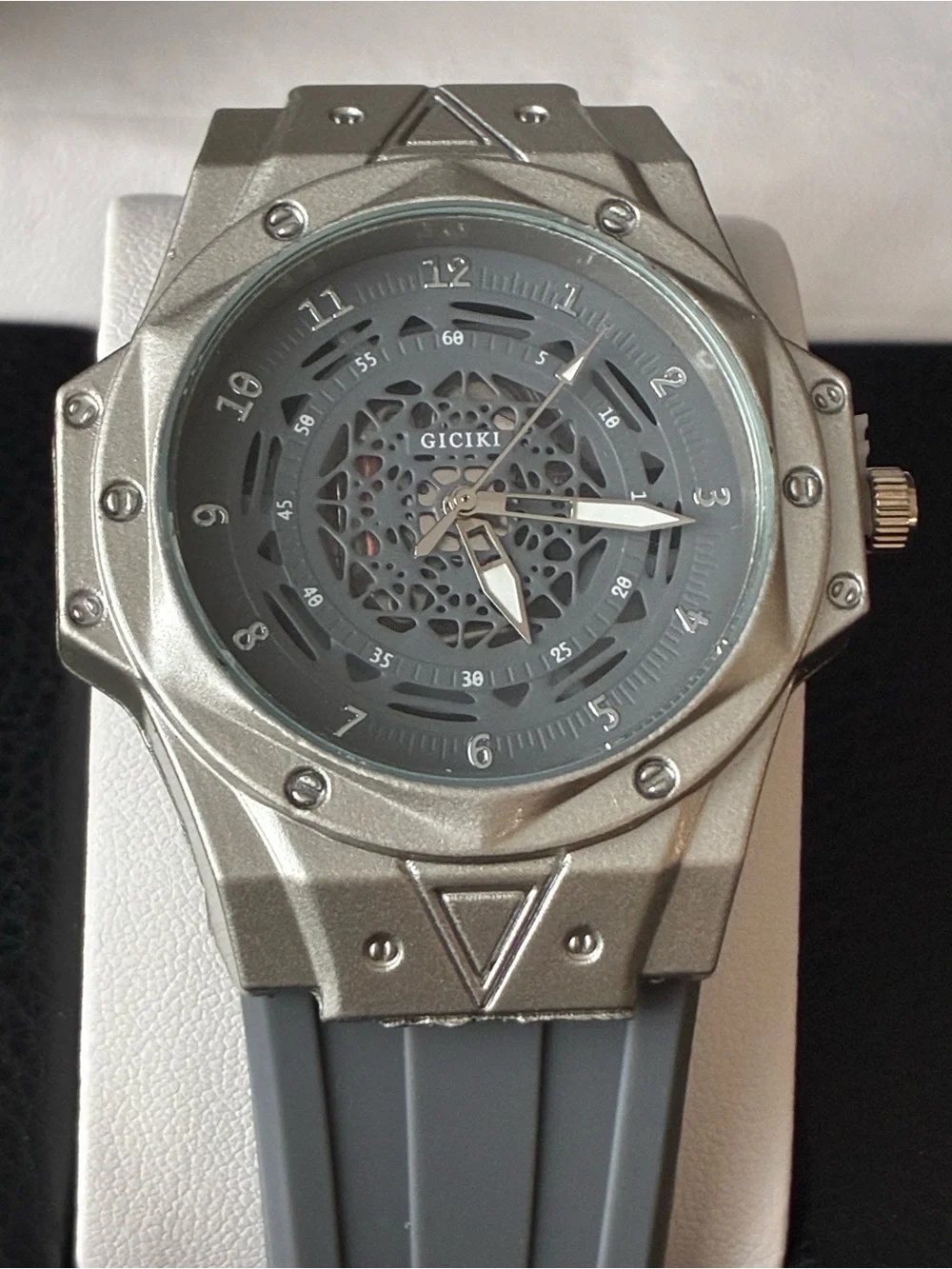 Skeleton Dial Gray Sport Watch with Rubber Strap